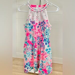 LILLY PULITZER PINK AND BLUE GIRLS DRESS WITH LACE PEARL LIKE